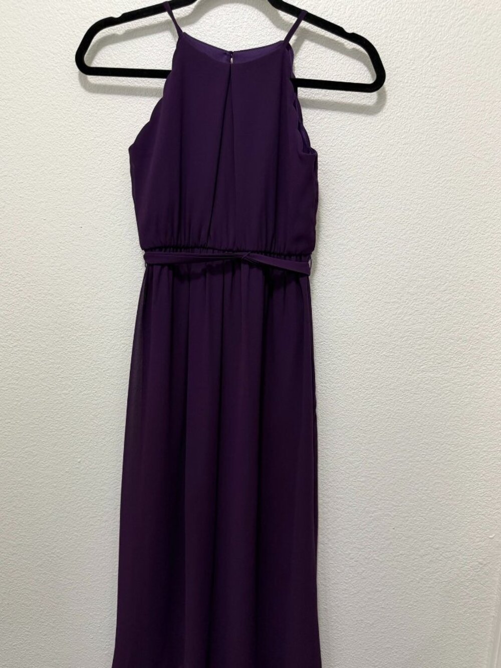 BCX purple sleeveless halter dress with liner and sheer skirt, woman's size 8